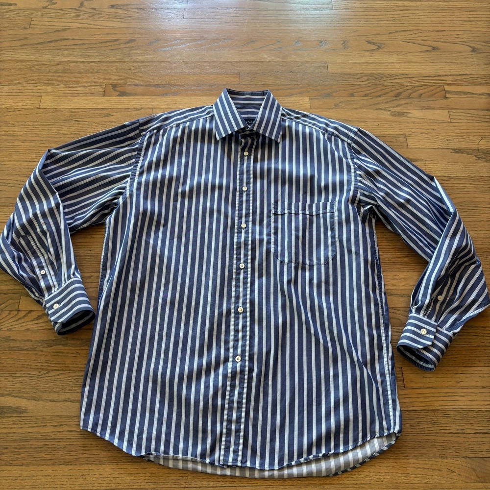Canali Mens Blue White Striped Long Sleeve Button Down Dress Shirt Size 16 Italy